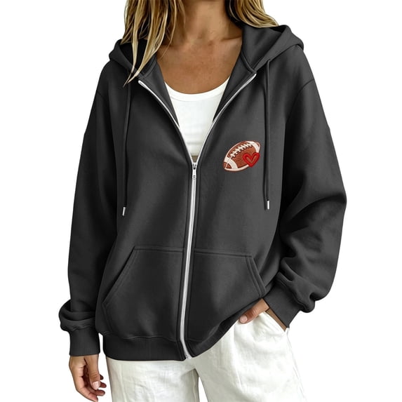 Kaondbfi Womens Football Embroidered Zip Up Hoodie Casual Long Sleeve Full Zip Hooded Sweatshirt Tops for Football Fans Fall Essentials Clothes