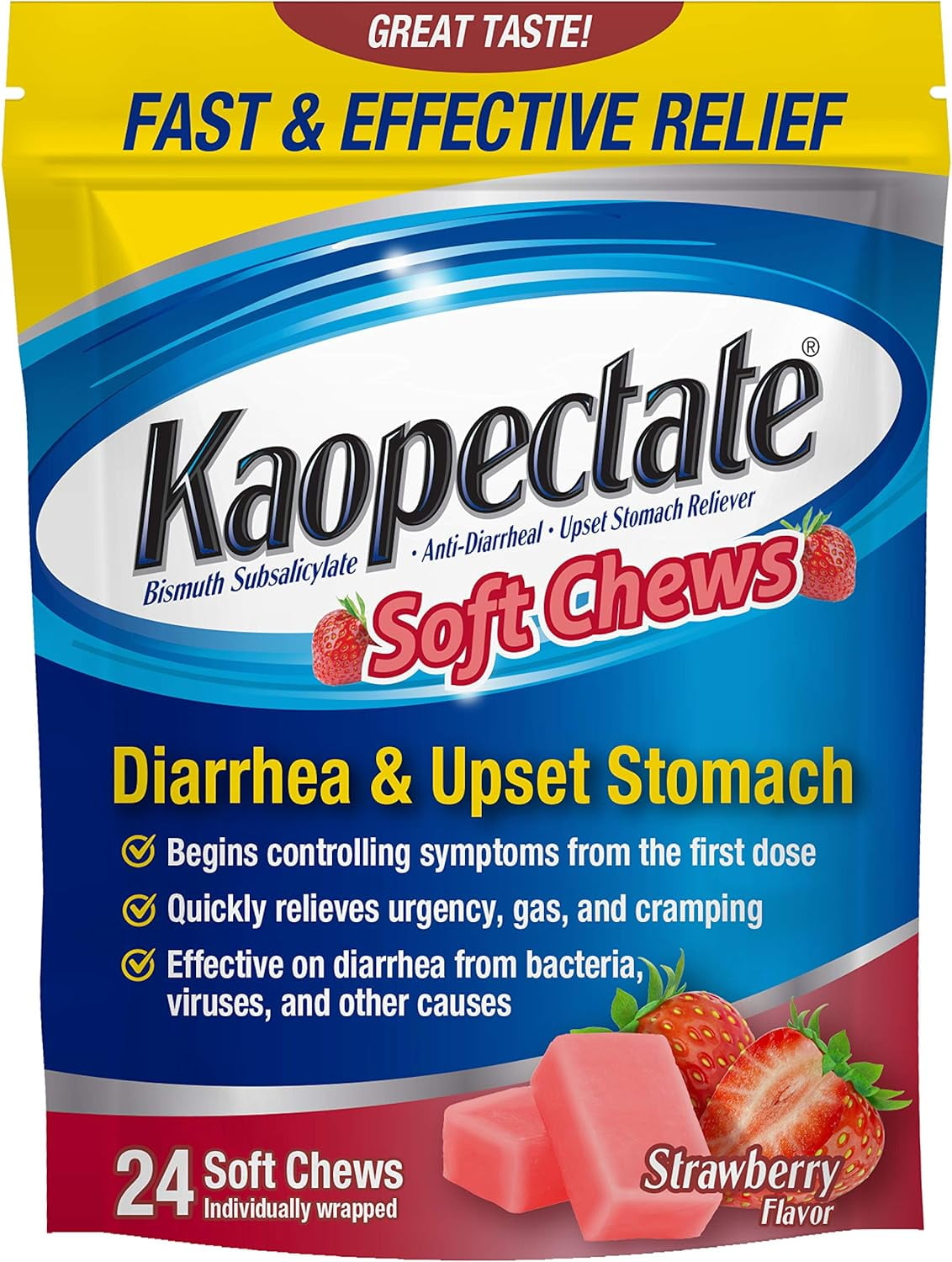 Kaopectate Diarrhea Medication for Adults, 24 ct, Strawberry Soft Chews