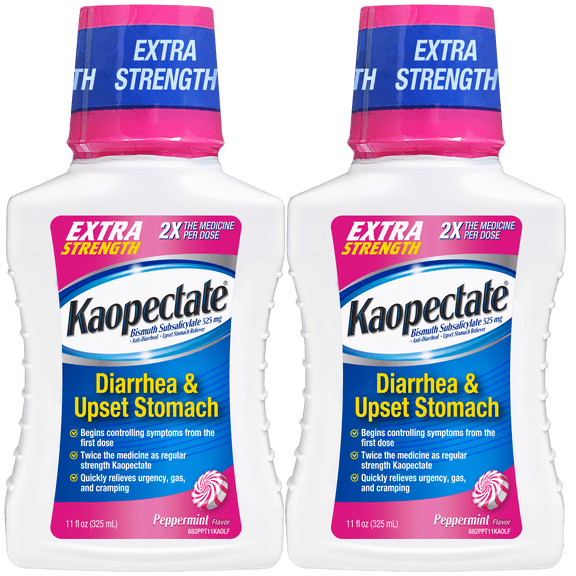 Kaopectate Extra Strength Diarrhea 11oz (Pack of 2), Upset Stomach Relief Liquid Bismuth Subsalicylate Formula for Fast-Acting, Comprehensive Digestive Support Peppermint Flavor