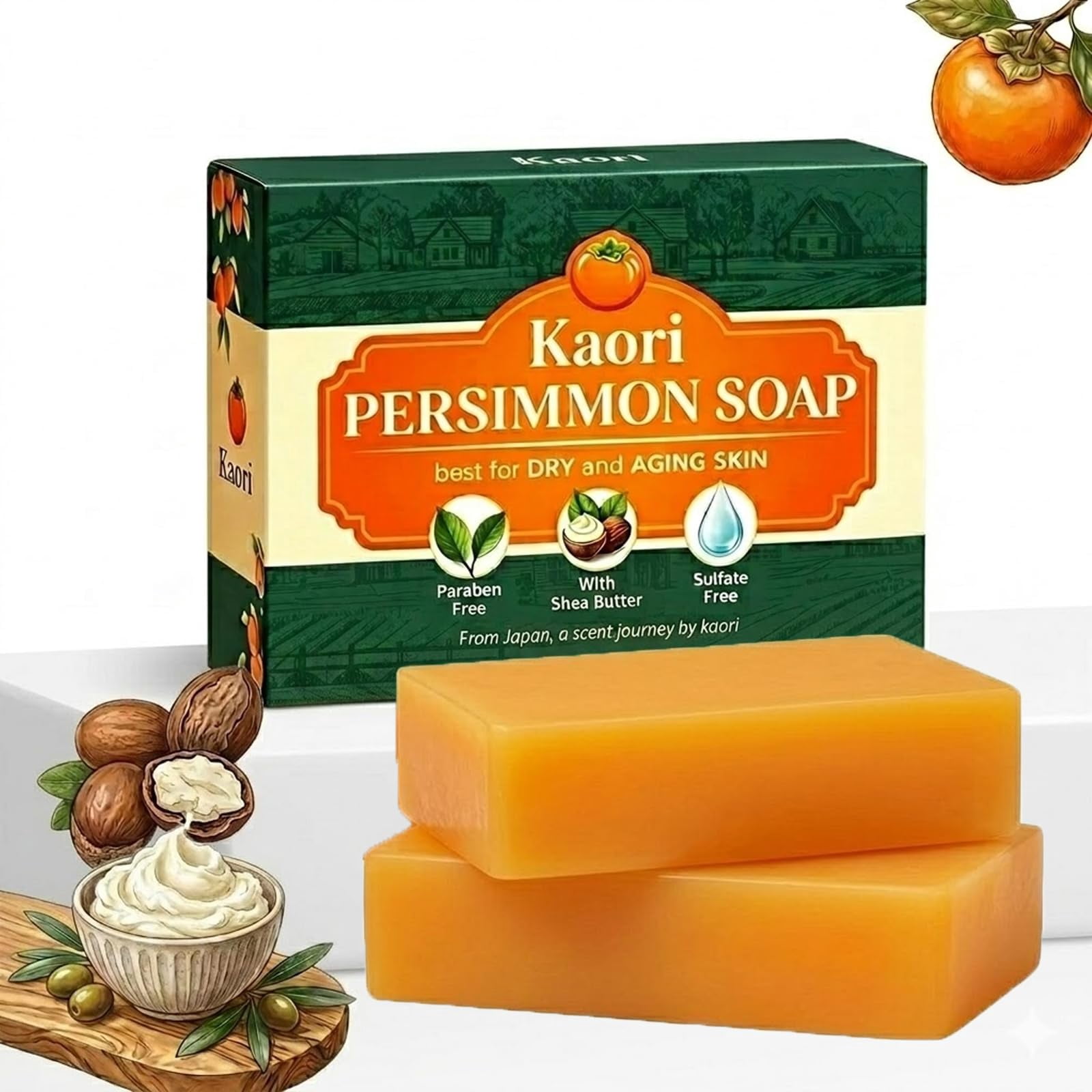 Kaori Deodorizing Persimmon Soap – Gentle for Dry & Aging Skin, Japanese Persimmon + Green Tea Extract, Natural Body Wash for Men & Women – All-Day Freshness (2PCS)