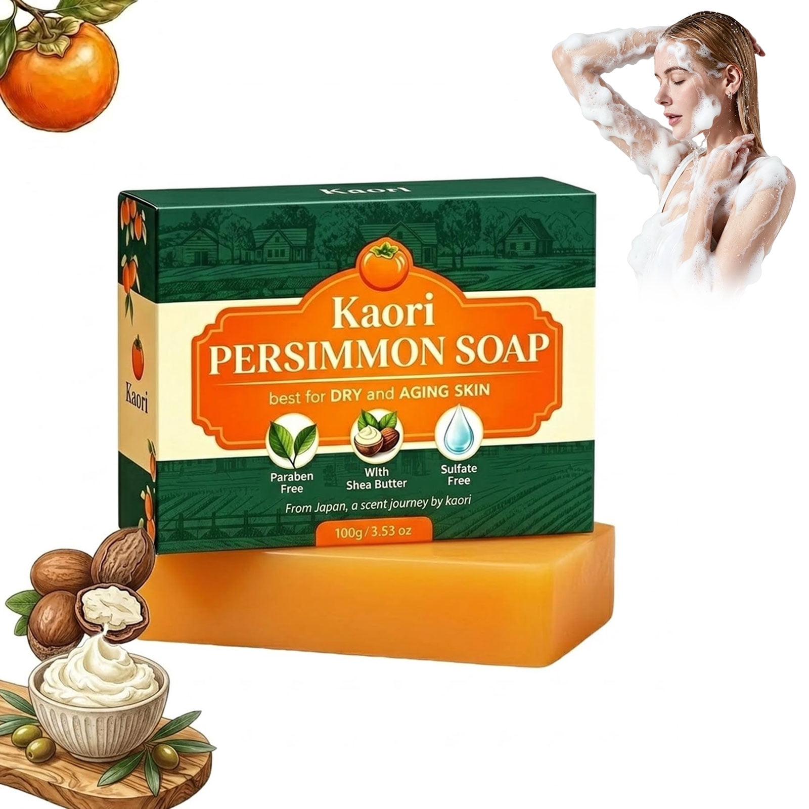 Kaori Deodorizing Persimmon Soap – Natural Deodorizing Bar for Dry & Aging Skin, Japanese Persimmon + Green Tea, Gentle Body Wash for Men & Women, Everyday Freshness (1PCS)