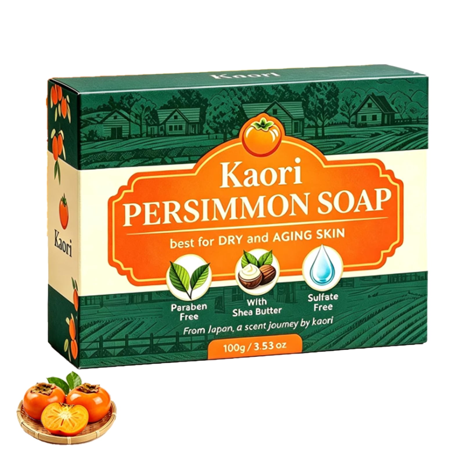 Kaori Japanese Persimmon Soap Handmade Natural Plant Oil Gentle Odor Control Moisturizing Bar for Underarms Feet Men Women