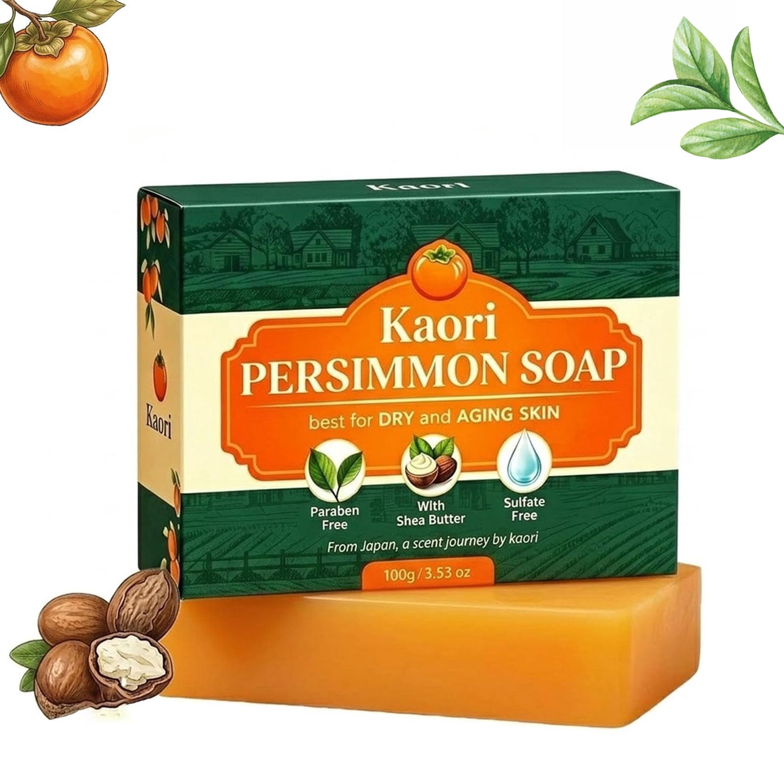 ADNOON Kaori Persimmon Soap, Japanese Persimmon Soap for Old People Smell, Gentle Cleansing Body, Handmade Natural Soaps For Better Skin, For Underarms & Feet, for Men & Women (1PCS)