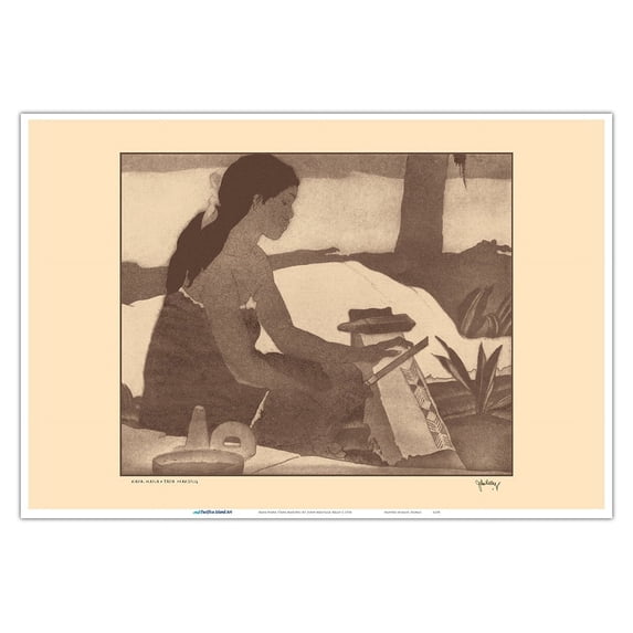 Kapa-Hana (Tapa Making) - Hawaiian Woman - Vintage Drypoint Etching by John Melville Kelly c.1934 - Master Art Print (Unframed) 13in x 19in