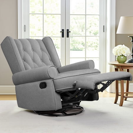 AMZFUN Swivel Glider Recliner Chair, Rocking Chair with Ergonomic Design, Decorative Button Accents, Classic Single Sofa, Perfect for Reading, Gray