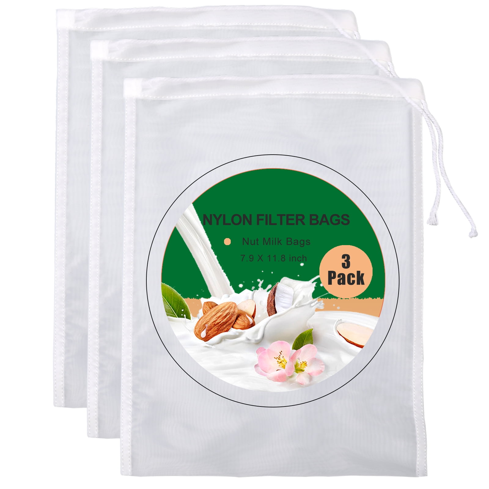 3 Pcs Reusable Nylon Nut Milk Bags - Fine Mesh Strainer For Almond Milk, Cold Brew, Yogurt, Cheese (2 Sizes)