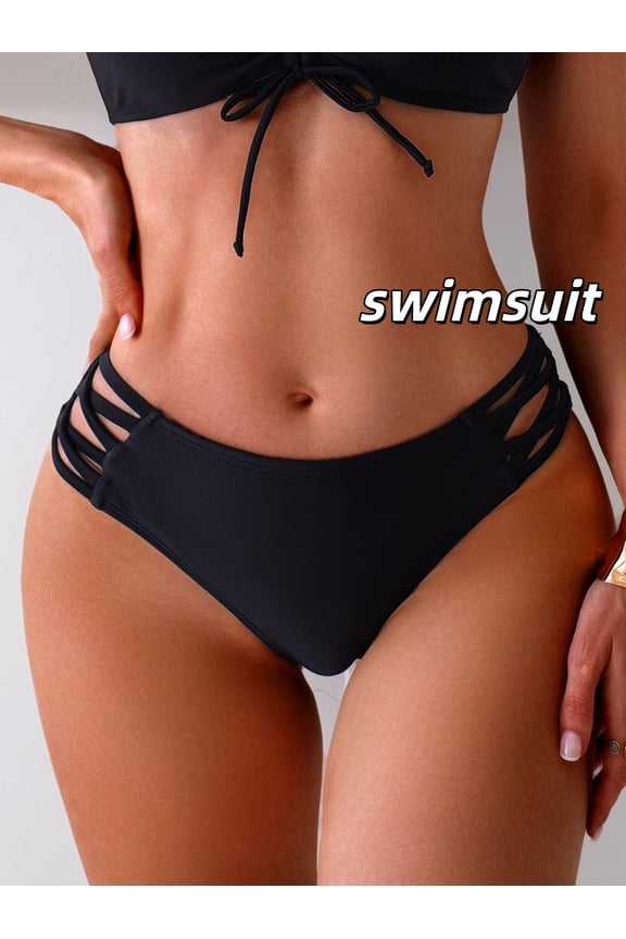 Black Swimsuit Bottoms for Women, Sexy Side Cutout Mesh Bathing Suit Panty, Versatile Mix & Match Swim Briefs