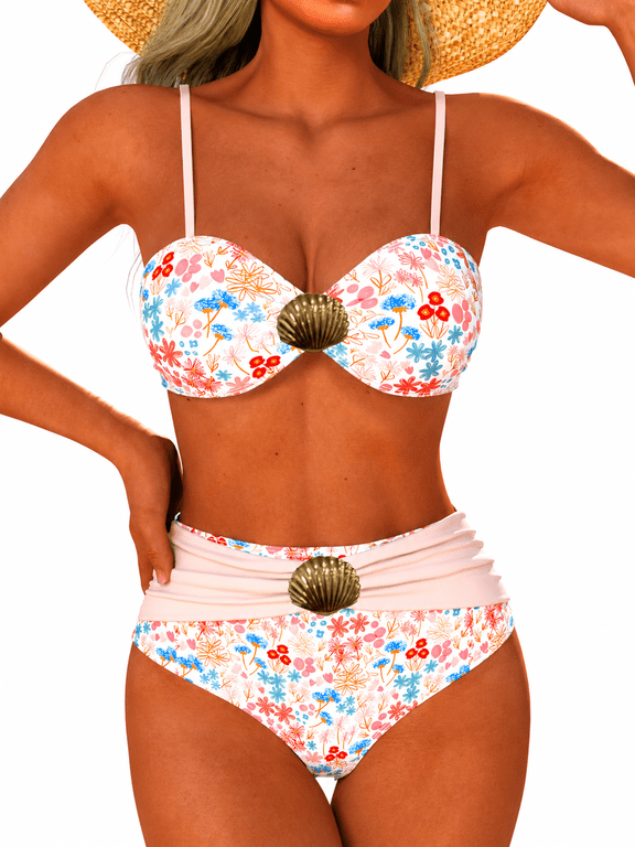 Women's Bandeau Bikini Set, 2 Piece Floral Print Swimsuit with Adjustable Shoulder Straps, High Waisted Bikini Bottom, Shell Buckle Detail, Beach Swimwear for Vacation