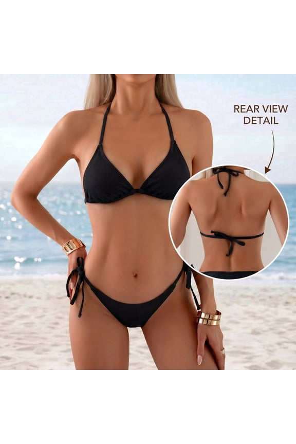 Women's Triangle Bikini Set, Adjustable Halter Tie Side Two Piece Swimsuit, Solid Color Beach Bathing Suit for Vacation