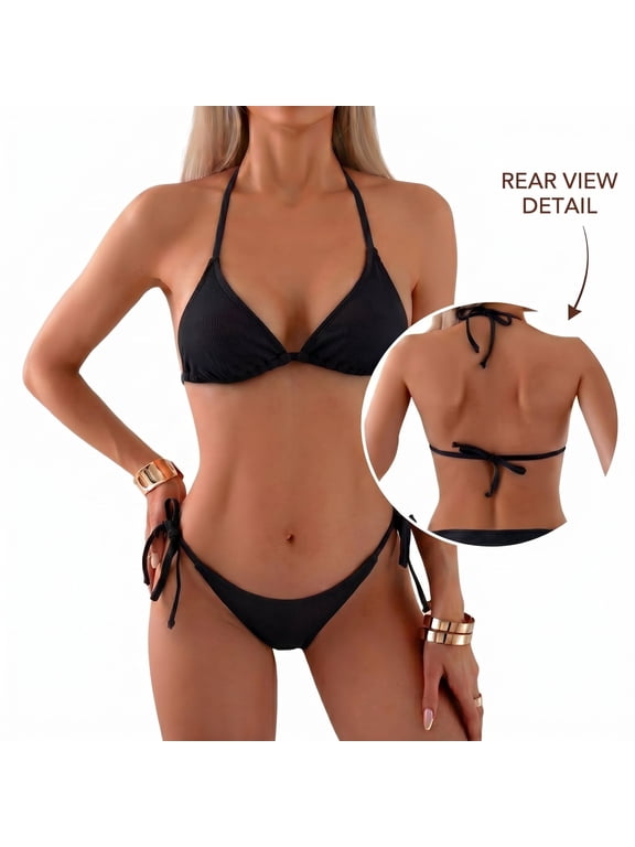 Women's Triangle Bikini Set, Adjustable Halter Tie Side Two Piece Swimsuit, Solid Color Beach Bathing Suit for Vacation