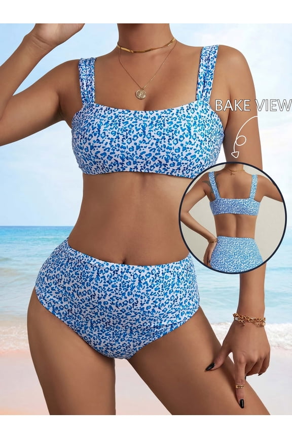 Women's Blue and White Leopard Print High Waisted Bikini Swimsuit Two Piece Beach Bathing Suit