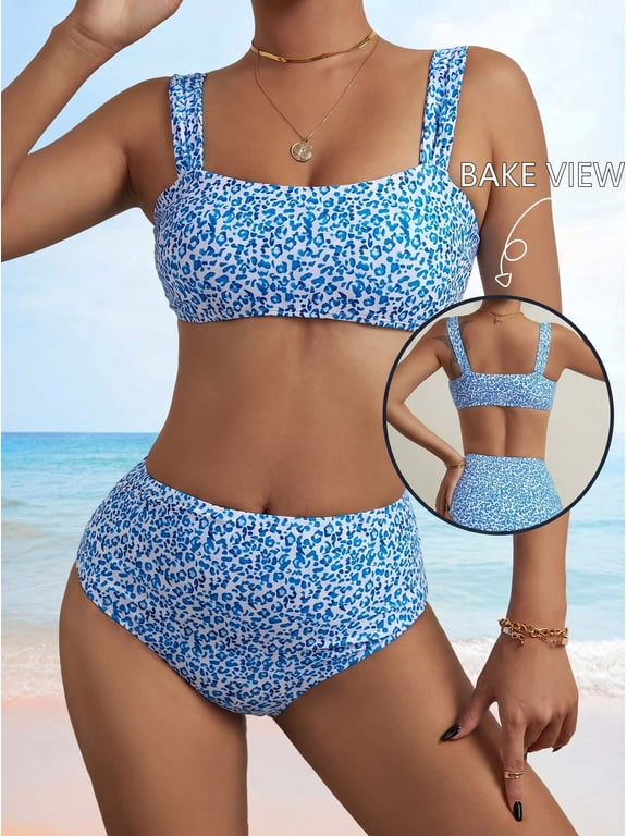 Women's Blue and White Leopard Print High Waisted Bikini Swimsuit Two Piece Beach Bathing Suit