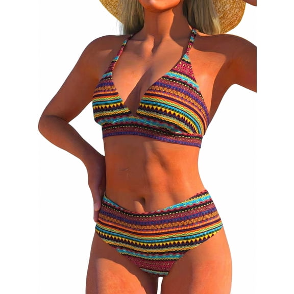 Kaperf Women's Ethnic Print Bikini Set, Halter Triangle Swimsuit with Deep V Neck, Colorful Bohemian Geometric Pattern Two Piece Bathing Suit for Beach Vacation