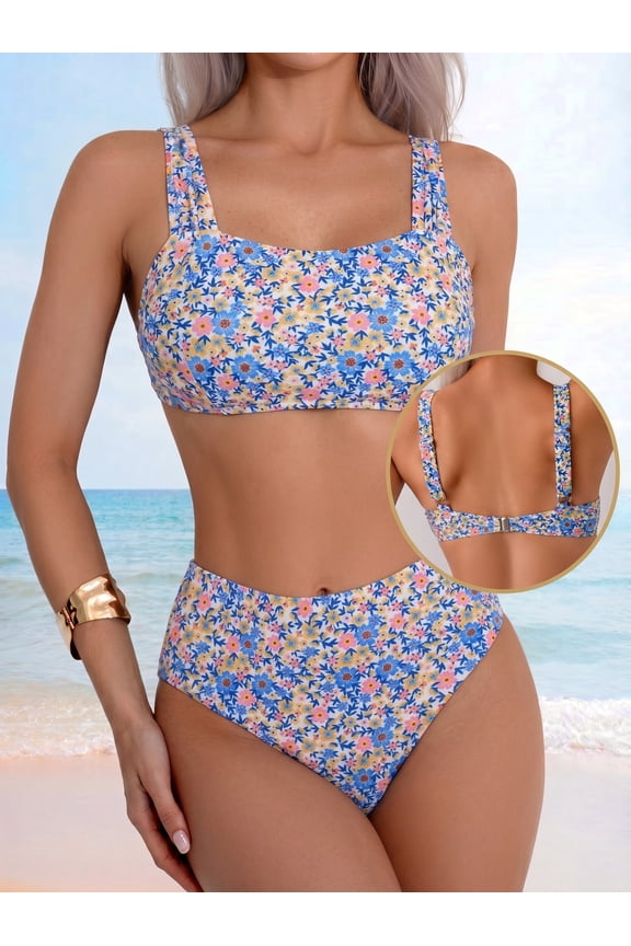 Women’s Floral Print High Waisted Bikini Set, Square Neck Two Piece Swimsuit with Adjustable Straps and Back Buckle Closure