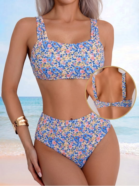 Women’s Floral Print High Waisted Bikini Set, Square Neck Two Piece Swimsuit with Adjustable Straps and Back Buckle Closure