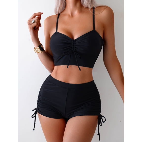 Kaperf Women's High Waist Bikini Set, Drawstring Swim Shorts Two Piece Swimsuit, Modest Beach Bathing Suit