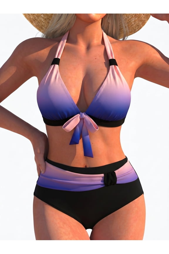 Women's High Waist Bikini Set, Halter Triangle Swimsuit with Front Bow Tie, Deep V Color Block & Gradient Print Two Piece Bathing Suit for Beach Vacation Pool Party
