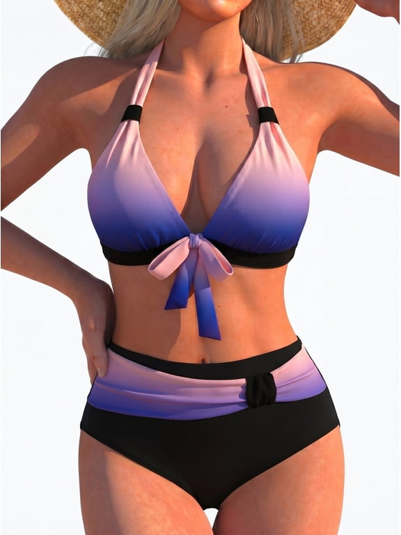 Women's High Waist Bikini Set, Halter Triangle Swimsuit with Front Bow Tie, Deep V Color Block & Gradient Print Two Piece Bathing Suit for Beach Vacation Pool Party