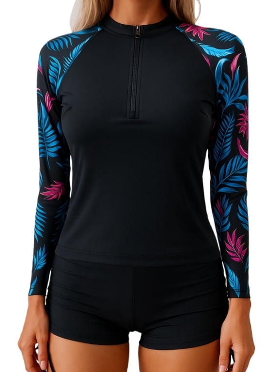 Women's Long Sleeve Rash Guard Swimsuit Set 2 Piece Zip Front UV Sun Protection Swim Shirt with Boyshorts Bathing Suit for Beach Surf Swimming