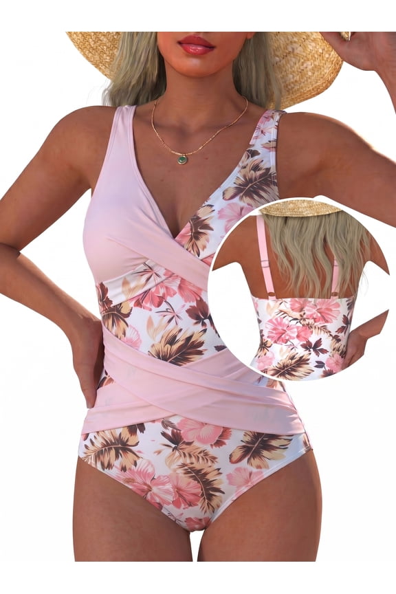 Women's Floral Print One Piece Swimsuit, Tummy Control Ruched V Neck Bathing Suit with Adjustable Straps