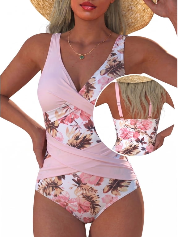Women's Floral Print One Piece Swimsuit, Tummy Control Ruched V Neck Bathing Suit with Adjustable Straps