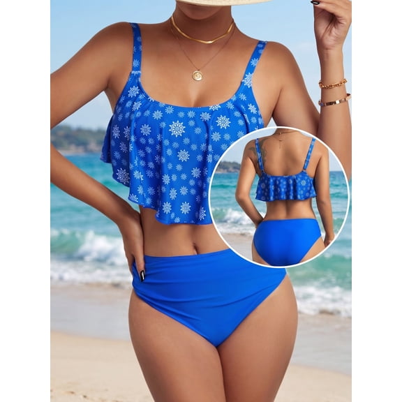 Kaperf Women's Snowflake Print Ruffle Bikini Swimsuit Two Piece Beach Bathing Suit