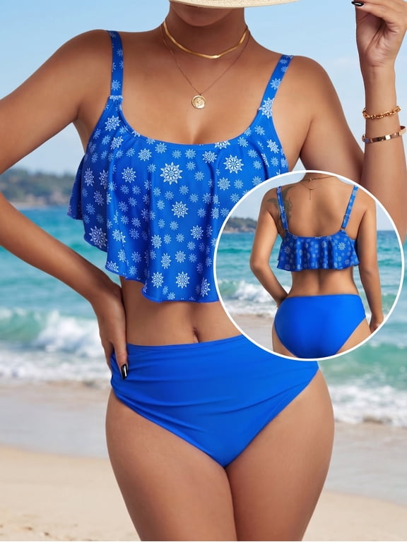 Women's Snowflake Print Ruffle Bikini Swimsuit Two Piece Beach Bathing Suit