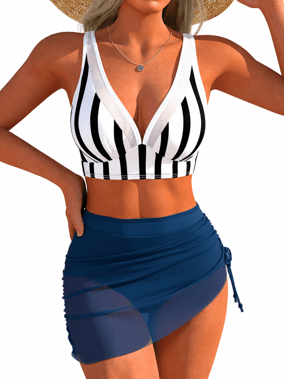 Women's Tankini Swimsuit Set, 2 Piece Deep V Neck Mesh Bathing Suit with High Waisted Drawstring Swim Skirt, Tummy Control Modest Swimwear for Beach, Pool, Vacation