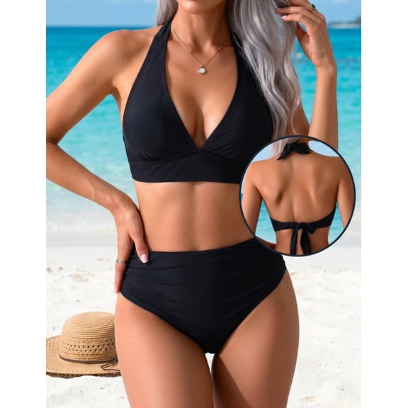 Kaperf Women's Two-Piece Bikini Set, Tie-Back Halter Design, Black High-Waist Swimsuit for Unrestricted Comfort