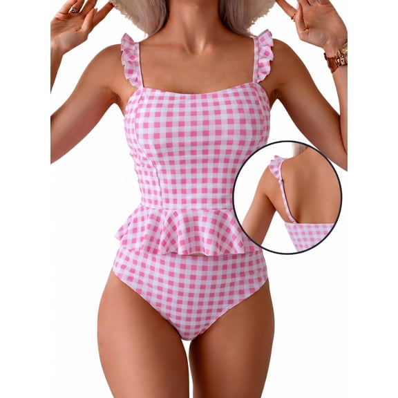 Kaperf Women's High Waisted Bikini Set, Ruffle Peplum Gingham Two Piece Swimsuit, Tummy Control Bathing Suit