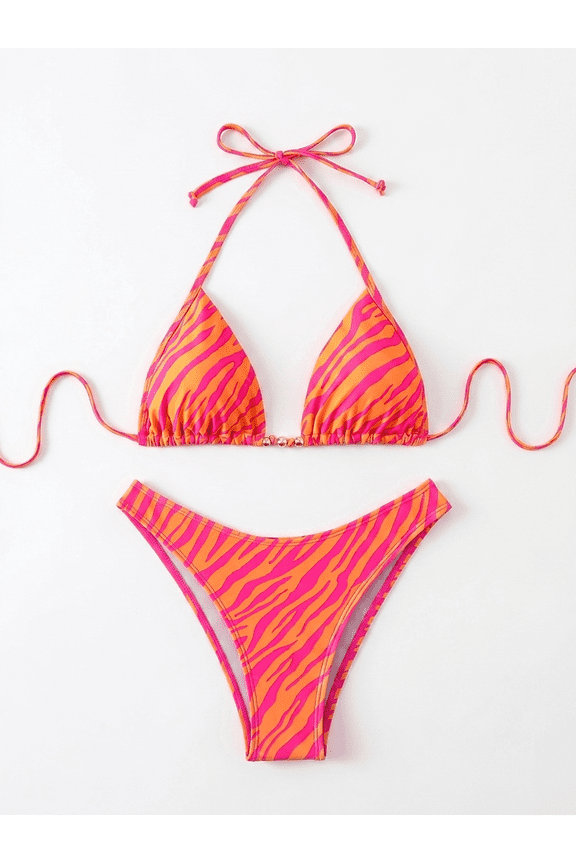 Women's Vibrant Pink and Orange Tiger Stripe Triangle Bikini Set, 2 Piece Bathing Suit with Gold Bead Detail