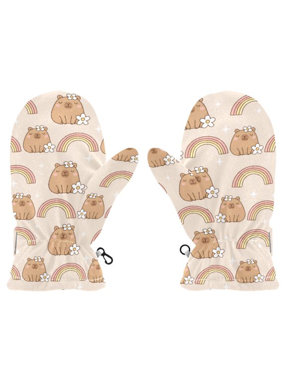 Kapibala Rainbow Pattern Cold Weather Mittens Warm Thick Fleece Lined Adjustable Snow Outdoor Winter Medium Ages 4-6