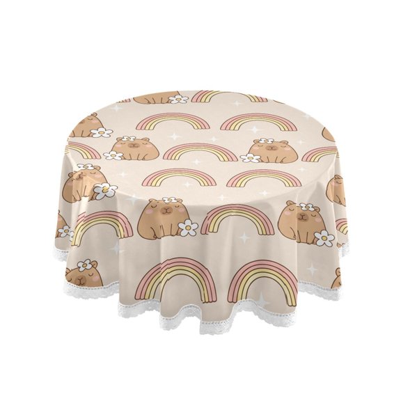 Kapibala Rainbow Pattern Round Lace Tablecloth 60 Inch Polyester Wrinkle Resistant Decorative