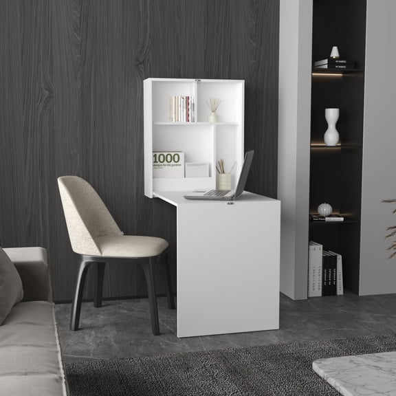 Kaplar 33" Wide X 23" Deep Folding Table With Four Shelves, Floating Table, Retractable Table, Floating Desk, Ironing Table White