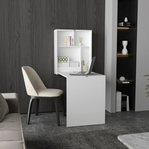 Kaplar 33" Wide x 23" Deep folding Table with Four Shelves, Floating Table, Retractable Table, Floating Desk, Ironing Table White