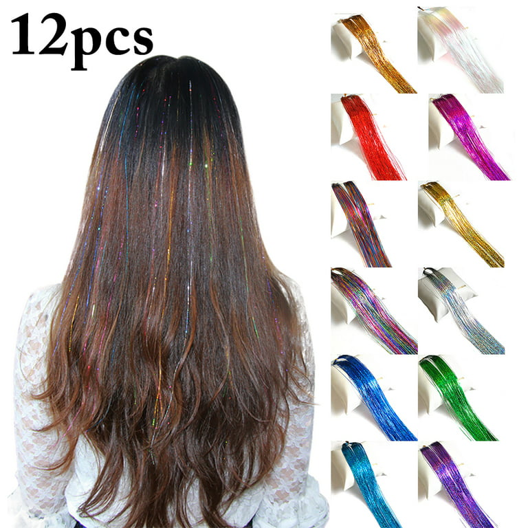 1Pcs 180Strands 20 Colors Sparkling Shiny Tinsel Hair Extensions Colorful Holographic Hair Tinsel