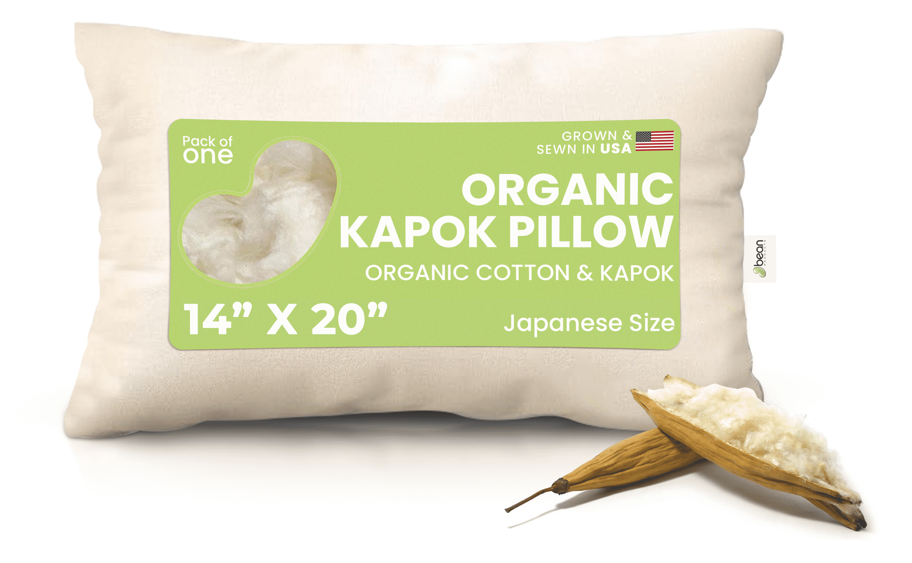 Kapok 14X20" Bed Pillow - Organic Cotton Fabric and Fill Soft Pillow for Sleeping - Made in USA