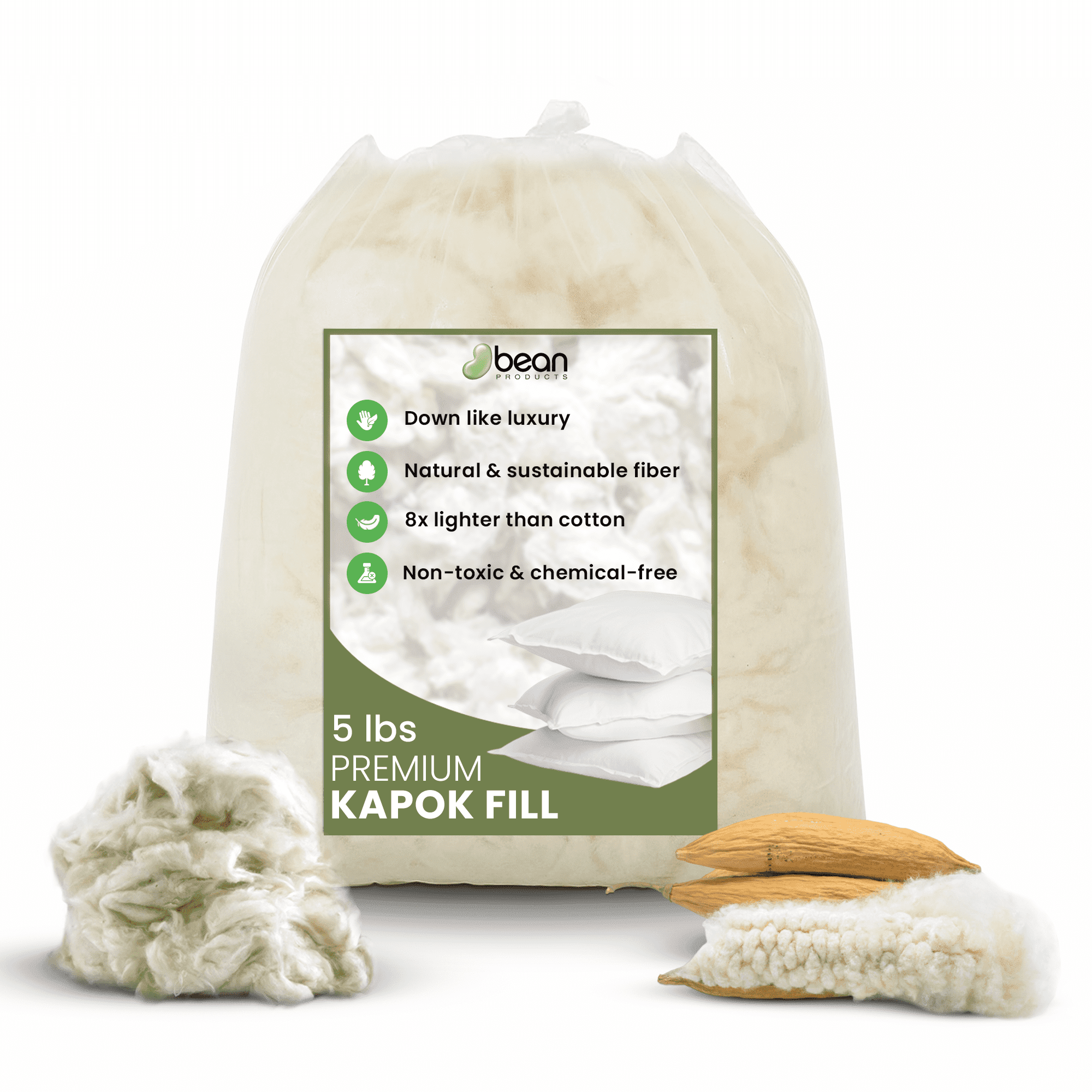 Kapok Filling - Eco-Friendly 5 LBS Organic Soft Refill and Comfortable Stuffing for Pillow, Pet Bed and Bean Bag - Made in USA