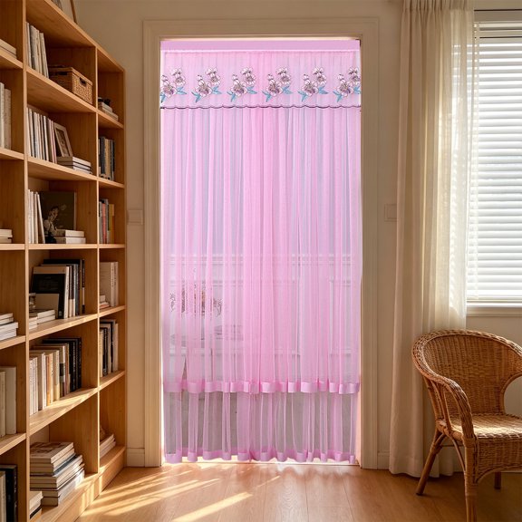Kapok Flower Pattern Double Mesh Door Curtain, Insect Fly Mosquito Proof Breathable Screen Curtain, Summer Decorative Partition Curtain for Bedroom Living Room Home, Pink