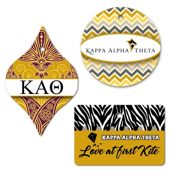 Kappa Alpha Theta Set of 3 Fraternity/Sorority Themed Assorted Ornaments; Circle, Rectangle, and Tapered Shapes