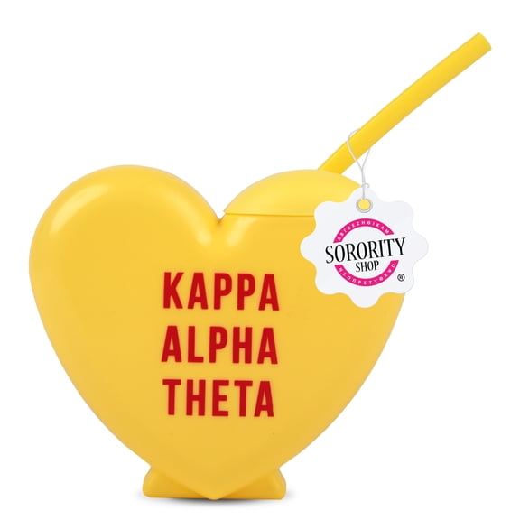 Kappa Alpha Theta Tumbler with Straw - Candy Heart Shaped 16 Oz Tumbler with Lid and Silicone Straw, Reusable Plastic Cup with Screen Printed Sorority Name for any Cold Drink