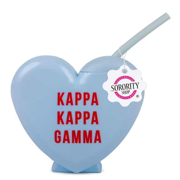 Kappa Kappa Gamma Tumbler with Straw - Candy Heart Shaped 16 Oz Tumbler with Lid and Silicone Straw, Reusable Plastic Cup with Screen Printed Sorority Name for any Cold Drink