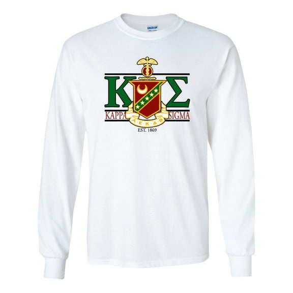 Kappa Sigma Long Sleeve T-shirt Greek Letters with Large Crest Design - White & Sport Gray