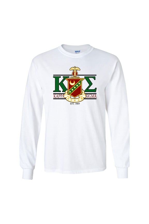 Kappa Sigma Long Sleeve T-shirt Greek Letters with Large Crest Design - White & Sport Gray