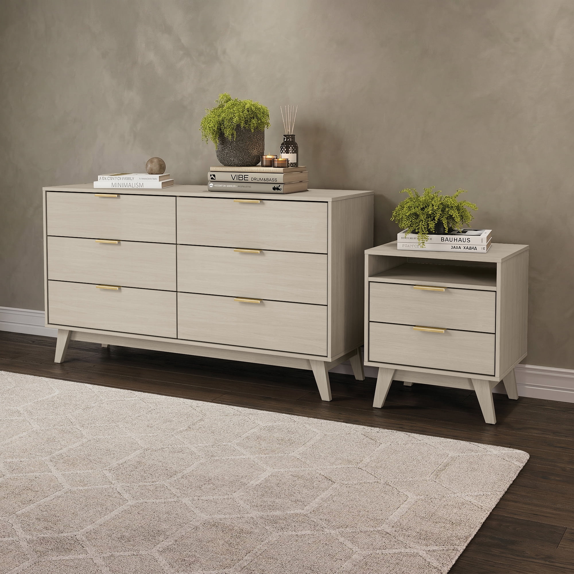 Kappesberg 2-Piece Bedroom Furniture Set with 6-Drawer Dresser and Nightstand, Blonde Oak – Modern Bedroom Storage Combo