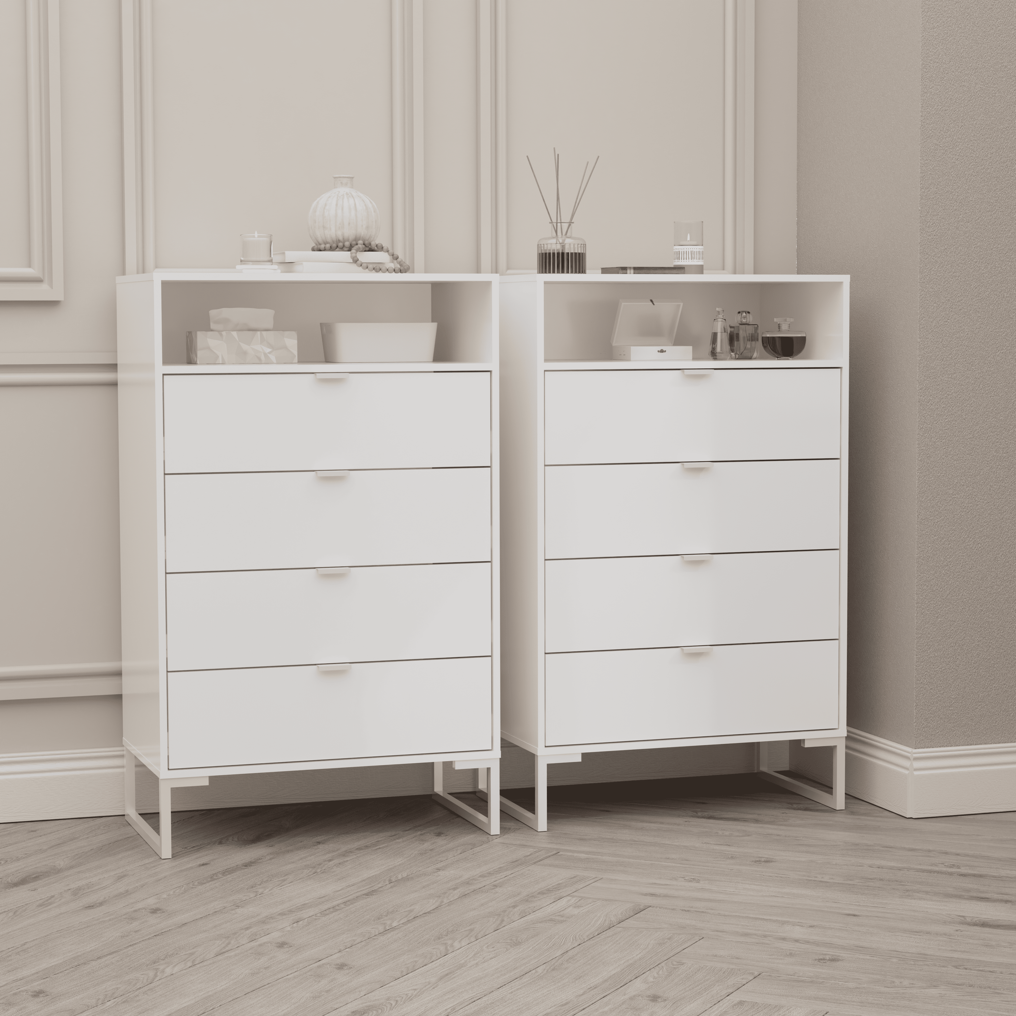 Kappesberg Amelia 2-Piece White Tall Dresser Set with 4 Drawers and Storage Niche - for Adults and Teens