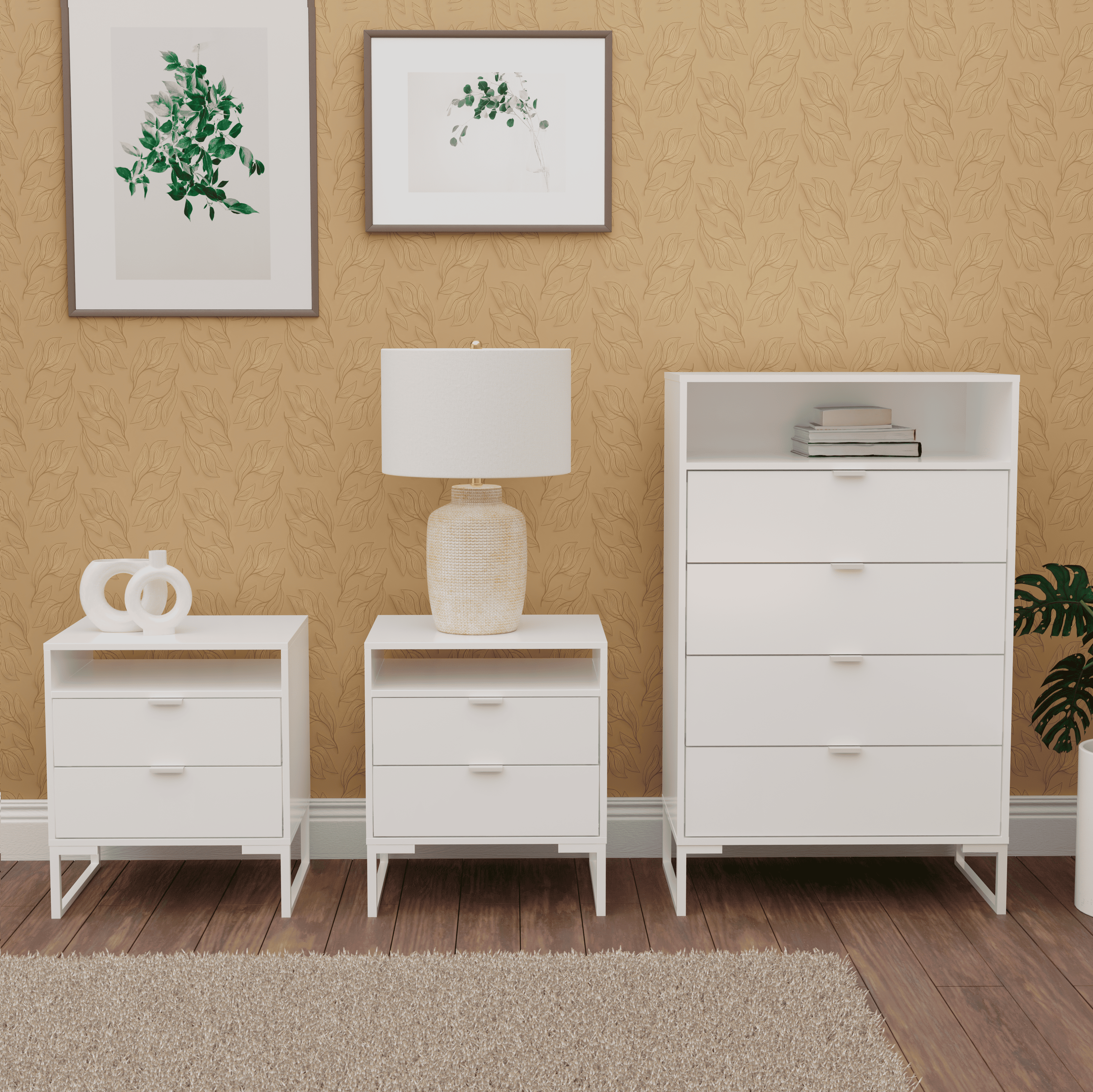Kappesberg Amelia 3-Piece White Bedroom Furniture Set with 4-Drawer Vertical Dresser and 2 Nightstands - for Adults and Teens