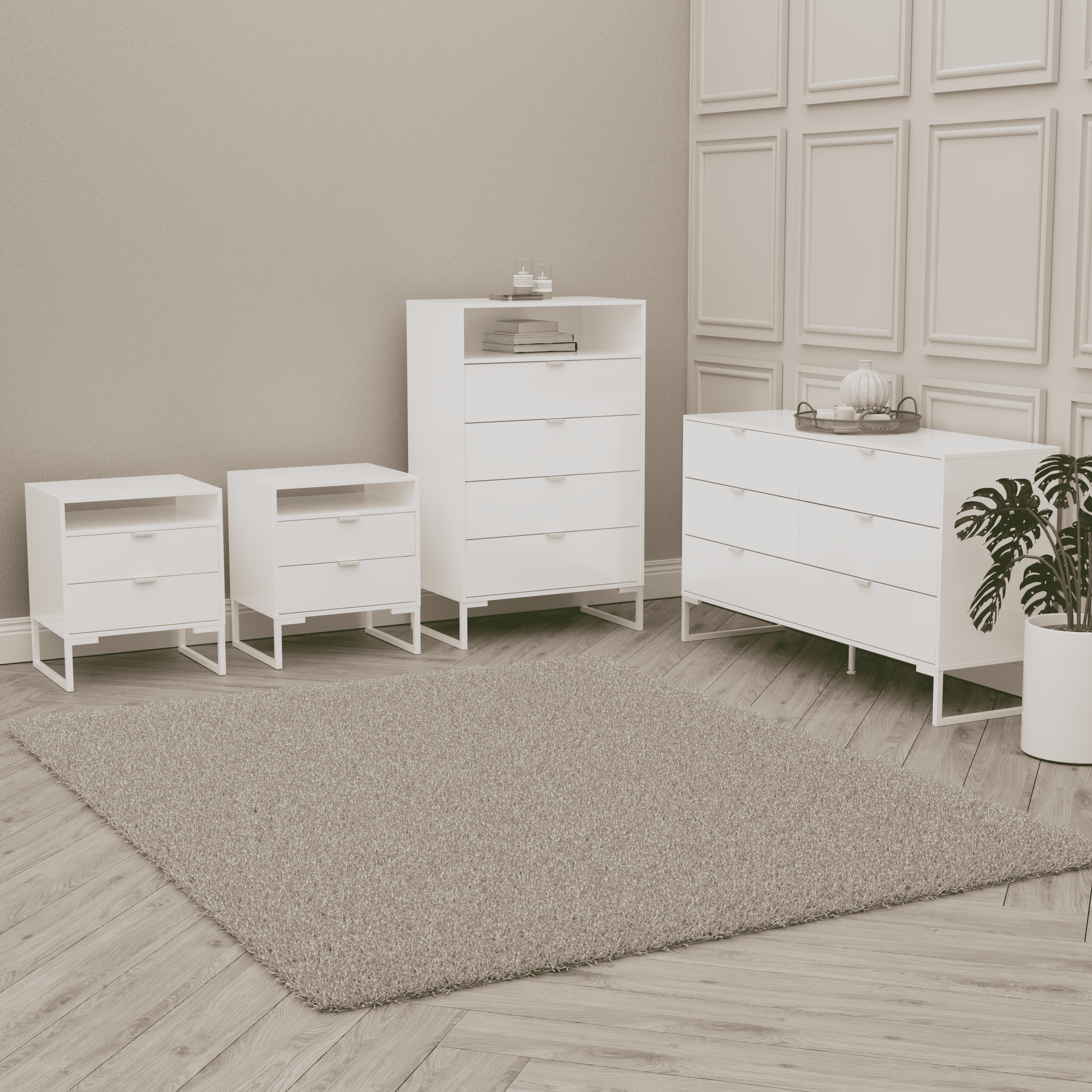 Kappesberg Amelia 4-Piece White Bedroom Furniture Set with Vertical Dresser, 2 Nightstands, and 6-Drawer Dresser - for Adults and Teens