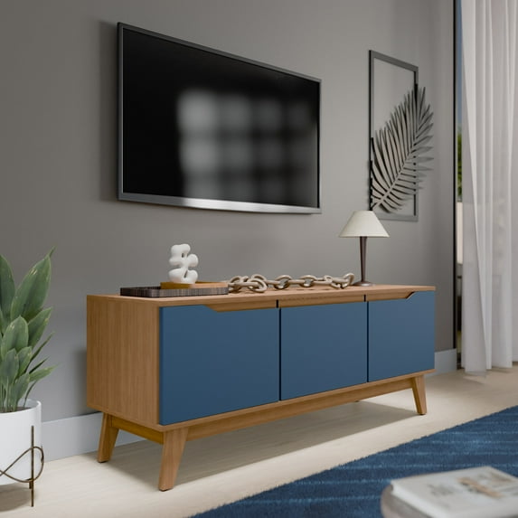 Kappesberg Athens 3-Door Tv Stand with Soft-Close Doors and Built-in Handles - Golden Oak/Blue