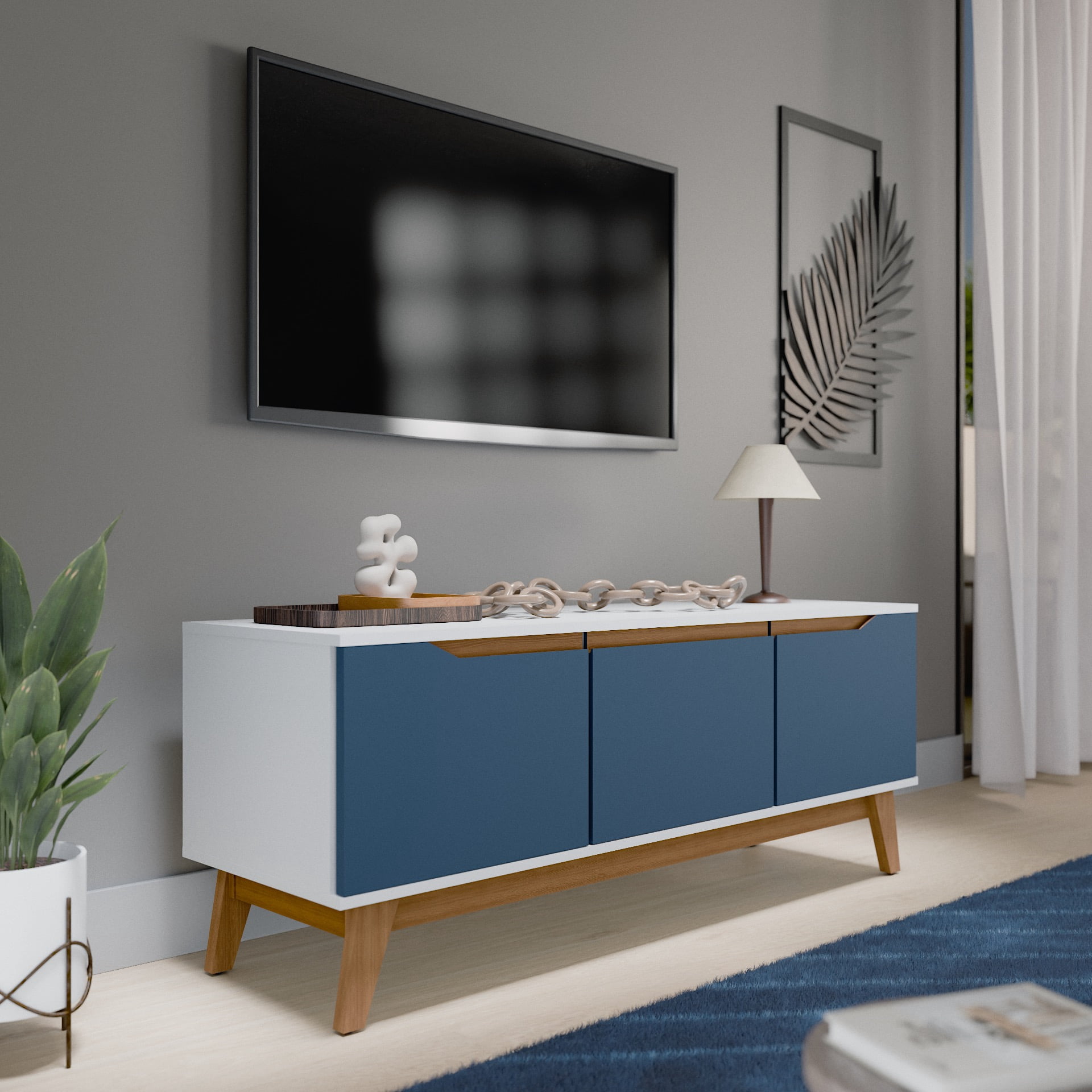 Kappesberg Athens 3-Door Tv stand with Soft-Close Doors and Built-in Handles - White/Blue